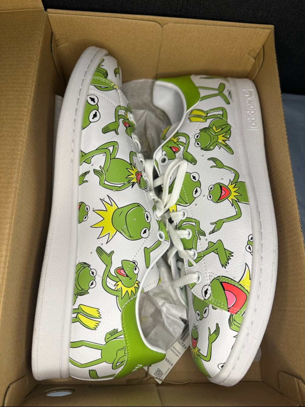 adidas White Sneakers with Green & Yellow Kermit Print